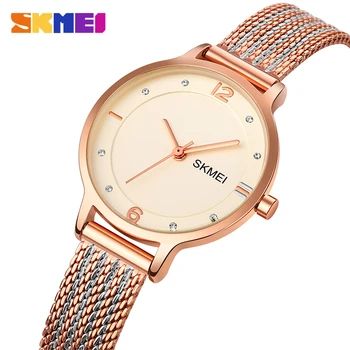Елегантен дамски часовник-гривна SKMEI, леки луксозни кварцов часовник от розово злато и неръждаема стомана с кристали, дамски прости ръчни часовници