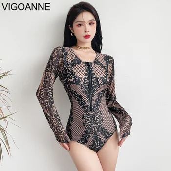 Бански костюми с мрежесто принтом VigoAnne Женски 2023, секси цял бански с дълъг ръкав и лицеви апом, Корейски плажен бански-монокини Slimfit