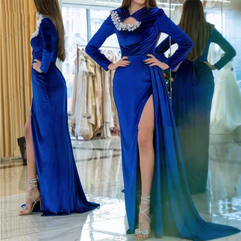 Секси дамски официални рокли с дълги ръкави и висока цепка, Тънък Изискан Луксозен Женски вечерен халат за баня с мъниста, есен 2023 г.