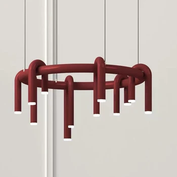 Дизайнерски червен U-образна полилей за модерна всекидневна, дълга трапезария за хранене, бар, спалня, висящи осветителни тела от ковано желязо