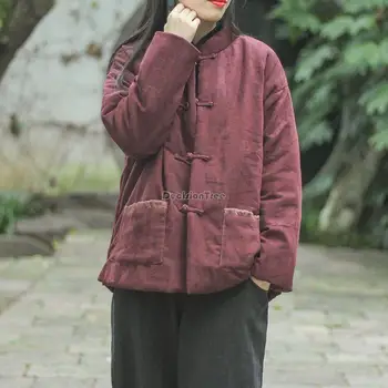2023 китайски стил ретро чонсам копчета, яке с памучна подплата, късо палто с яка-часова, женски ново есенно-зимния дебели палта s932