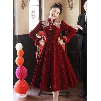 Бордовое винтажное рокля с китайски традиционен яка-поставка, Моля, женски Чонсам, секси елегантни вечерни рокли, булчински облекла