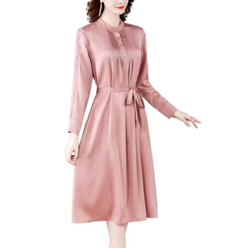Ново пролетно-есенни женски дебнещ дълга рокля с дълъг ръкав и колан, модерно однотонное елегантна рокля-коприна
