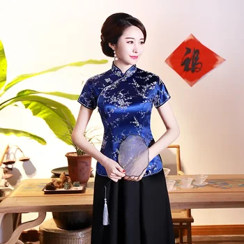 Китайското рокля Qipao Party, Реколта дамски сатен блуза с цветен модел, Летни Дрехи с Дракон, Блузи, Рокли в китайската традиция