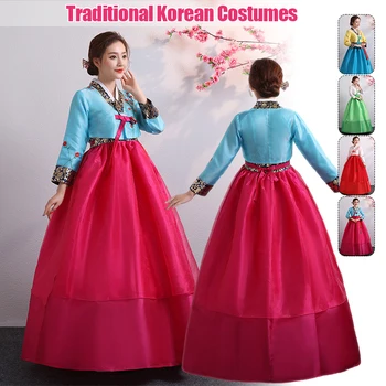 Традиционна Корейска дрехи Облечи Ханбок Корейска народно Сценичното представяне на Танцов костюм Старинна Вышитое Дворцовое Сватбена рокля