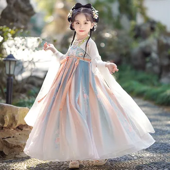 Детски cosplay за китайските момичета Hanfu Фея синя рокля с бродерия, китайска пола, костюм на принцеса за древните схващания, Vestido