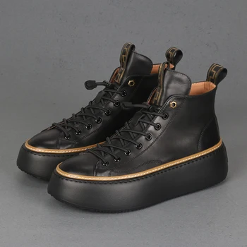 Нови черни Модерен и универсални обувки от естествена телешка кожа с високо качество на дебела подметка Повишена височина, здрави и износоустойчиви