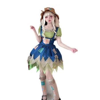Хелоуин Плашилото Вещици Cosplay Зелена рокля Кафява шапка Костюми за възрастни cosplay грим, бална рокля за парти Рокля, костюм на Клоун