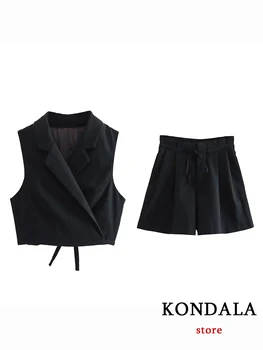 KONDALA Ретро Черен уличен женски костюм, мода 2023, Летен комплект, тънка жилетка без ръкави, Висока талия, Широки тънки ежедневни панталони