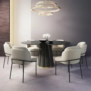 Маса за хранене Nordic Large Circle с мраморни плотове от черен камък и повратна маса, Трапезни столове в кънтри стил на 8 души, Ресторанная мебели.