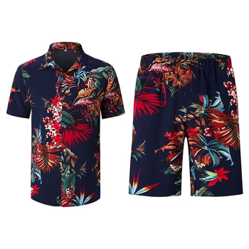 Мъжки плажен комплект, нови модни ризи с копчета, ластични шорти дантела за мъже, комплект от 2 теми, ежедневни спортни облекла в хавайски плажен стил