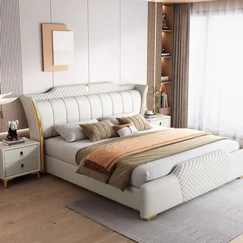 Двойно легло в скандинавски стил, размера на Queen Size, Дизайнерски бели рафтове, Луксозно таблата, Рамка за двойно легло, платформа, Сигурна мебели Letto Matrimoniale