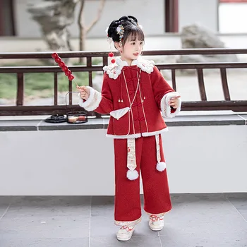 2024 Нов китайски костюм Hanfu за малки момичета с бродерия Tang, дрехи за подарък за рожден ден, зимни плътна и топла червена облекло за китайската Нова година