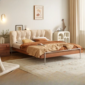 Легло с тапицерия от масивно дърво, подвесная легло в ретро стил, в главната спалня, малък размер, 1,5 метра модерна и проста кърпа