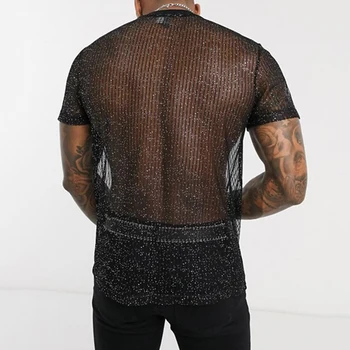 Мъжки прозрачни ризи с къс ръкав и блестяща мрежа, ежедневни сексуални прозрачни капаци за нощен клуб, костюм, Риза с рибно мрежата A50