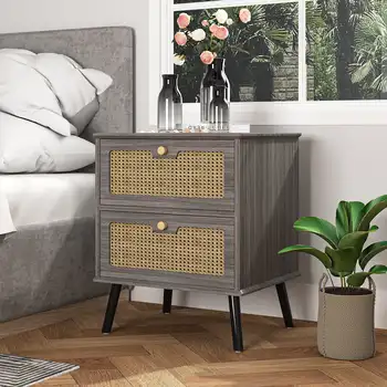 Нощно шкафче с 2 чекмеджета, направени от ратан, модерна дървена приставной масичка, малка странична масичка, Шкафче за съхранение в хола, спалнята, сиво