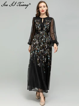 Seasixiang, моден дизайнер, Пролет-лято, Секси дълга рокля с кръгло деколте, ръкав-фенер, гънки, Цветен принт, от Елегантни вечерни рокли