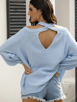 Супер луксозен есенно-зимния вязаный пуловер за жени, трикотажная риза с кръгло деколте, пуловер с открити рамене, жена