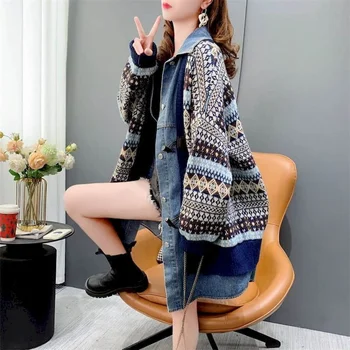 Пуловери, плетени калъф Жилетки за жени, свободни от ежедневните реколта дънкови палто оверсайз в стил мозайка, дамски потници в корейски стил с дълги ръкави