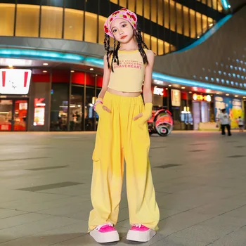 Детски облекла в стил хип-хоп, съкратен топ на бретелях с надпис, ръкавици с жълто наклон, ежедневни Широки широки панталони за момичета, джаз танц костюм, дрехи