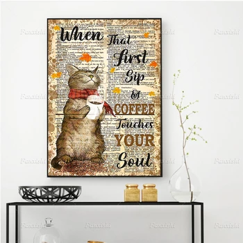 Котка, когато първата глътка кафе докосва душата си Ретро Плакати и щампи Стенни живопис на Платно Модулна картина Начало декор