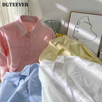 BGTEEVER Ежедневни блузи с отложным яка, женски однобортные свободни памучни ризи с дълъг ръкав, есенни женски блузы