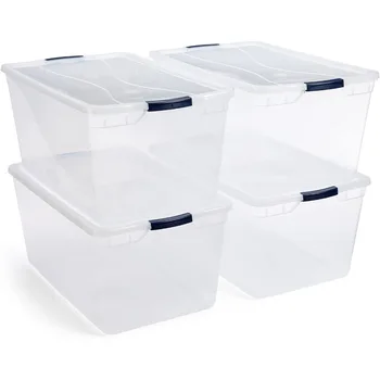 Rubbermaid Cleverstore Прозрачни големи пластмасови контейнери за съхранение обем 95 литра с капак за офиса и дома