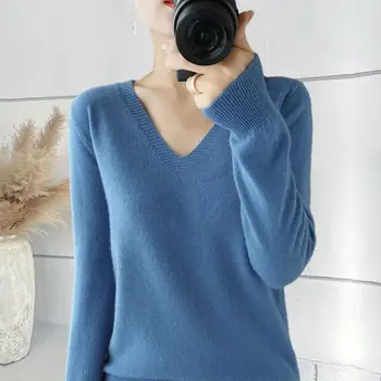 Жена Пуловер 2023, Есен-Зима, Пуловери С дълъг ръкав и V-образно деколте, Приталенная Корейската Мода Топло Долната Риза, Вътрешен Трикотаж, Блузи