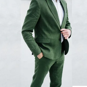 Зелени мъжки костюми, модни сака и панталони от 2 теми, дрехи за господа, двоен отдушник, однобортный на ревера с вдлъбнатина, оборудвана за пътуване