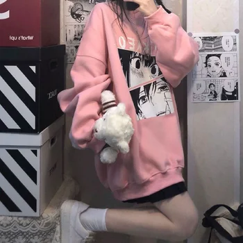 Свободен пуловер с принтом на японското аниме, женски универсален топ с фино покритие за двойки унисекс
