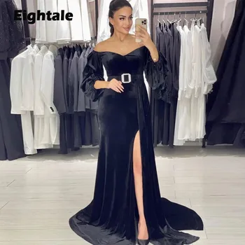 Вечерна рокля от фино кадифе в арабски стил с открити рамене и дълги ръкави, рокля за абитуриентски бал с колан за тържествен повод, облекло за сватбеното парти в стил русалка