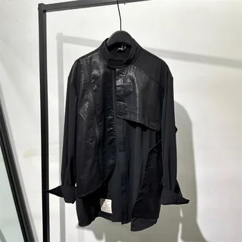 Оригинален мъжки черни дрехи 2023 година с нередовни сращиванием, яка-часова, деконструкцията, свободна риза с дълги ръкави, функция на модула, нишевый надмощие