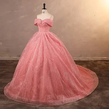 Луксозно розова вечерна рокля Луксозно Пищни рокля с пайети, Vestidos за бала, класическата бална рокля с открити рамене, реална снимка на поръчка