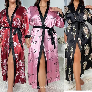 Нощница размер оверсайз 3Xl 4Xl 5Xl, секси халат за баня с принтом Любов, женски домашен халат от ледената коприна, Дълга кимоно, елегантен халат за сън
