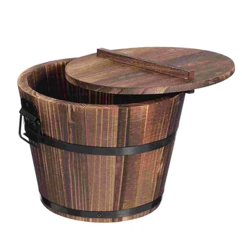 Кошница за съхранение в селски стил, дървена купа за ориз за суши с капак, Дървена кофа, тенджери, вана за смесване на ориз за домашно ресторант, 18 см