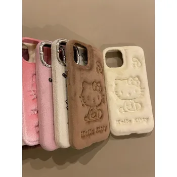Hello Kitty Sanrio Аниме Kawai Velvet Релефно Калъф За Телефон iPhone 15 14 13 Pro с Хубав Модел Защитно Делото Подаръци