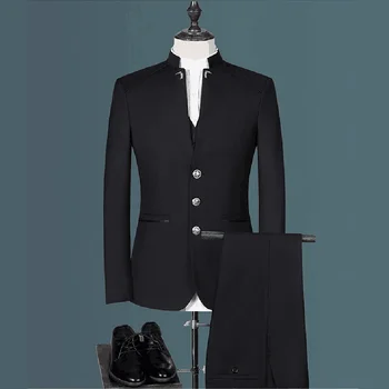 Черни мъжки костюми В новия китайски стил с яка-часова, однобортный мъжки костюм за бизнес сватба, оборудвана, от 3 теми (блейзър + жилетка + панталони)