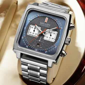 Мъжки часовник MEGIR, най-добрата марка за луксозни кварцов часовник с хронограф за мъже, водоустойчиви модни квадратни ръчен часовник от неръждаема стомана