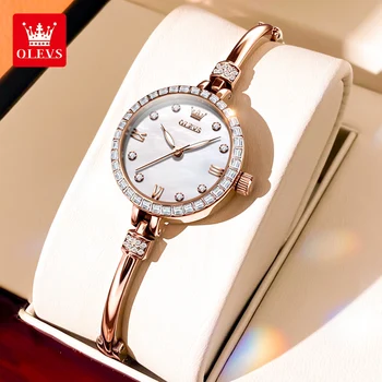 Дамски кварцов часовник OLEVS с луксозен бриллиантовым циферблат, модни тънки часовник от розово злато 8 мм, елегантен Часовник-гривна от розово злато, дамски маркови часовници