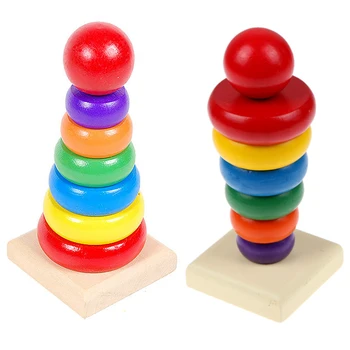 7 Цветни Дървени Играчки Штабелирующее Пръстен Кула Stapelring Блокове Уроци Забавни Играчки За Деца Rainbow Stack Up Дървени Играчки