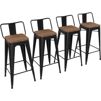 НОВИ 30-инчови Бар Столове Yongchuang Набор от Метални Продуктова Столове с височина 4 Стъпала с Дървена Седалка С Ниска Облегалка Кухненски Бар Столове Матово-черен цвят