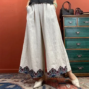 2023 памук, ленени широки панталони с бродерия, нови китайски ретро в етнически стил, ежедневни дамски ежедневни дълги широки панталони g726