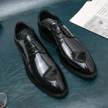 Нови мъжки обувки-oxfords, сватба, черни, кафяви, дантела с кръгло бомбе, Пролет-есен, изкуствена кожа, ръчна изработка, Размер 38-48
