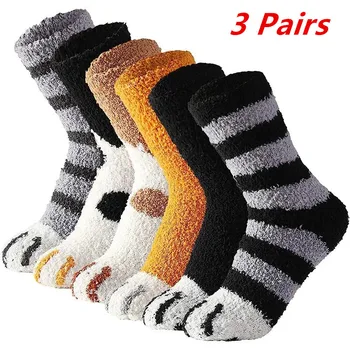 3 чифта Чорапи със собствени кошачьими крака, женски, Мъжки Зимни чорапи от еластичен коралов руно, изолирана чорапи за сън, мультяшную ивица, Пухкави Уютни плюшени топли чорапи