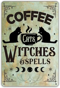 Забавен цитат от кухнята на Вещица, Метална Лидице знак, боядисани стени, ретро Кафе Котки, Вещици и магии, Кухненски знак за дома, подаръци