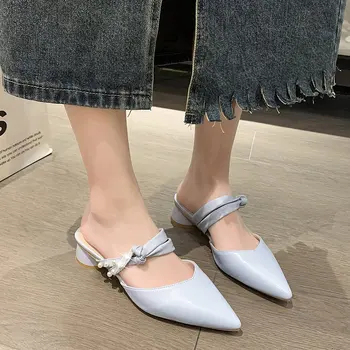 Перлени чехли, дамски летни Секси сандали на площада обувки, Дамски сандали 2023, Нов Корейски тенденция, Градинска Розови обувки за партита 2023 г.