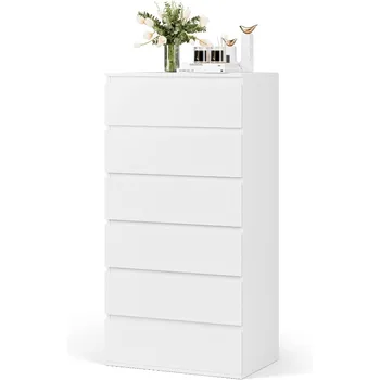 Бял скрин FOK, скрин с 6 чекмеджета, модерен висок етаж шкаф за съхранение с метални релси, дървен шкаф за чекмеджета без дръжки