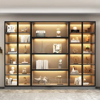 Разход на книжния шкаф с осветление на цялата стена Луксозен модерен минималистичен витринный шкаф за дневна със стъклен като Мебелен Стъклен шкаф