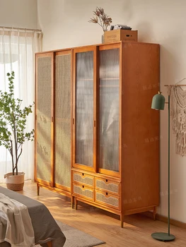 Гардероб, спалня, домашно стопанство, разтегателна стъклена врата от японски масивно дърво в ретро стил, сплетен от ратан, гардероб, подова съхранение