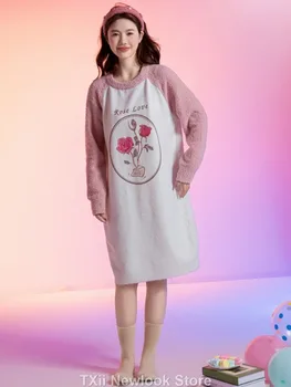 Меки и пухкави дамски пижами TXii Newlook с розов модел, на нови приходи зимата 2023, домашна рокля с кръгло деколте от полувельветовой пижами